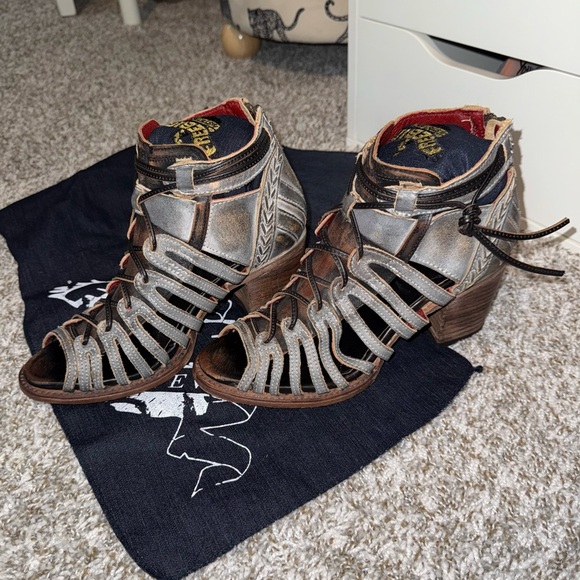 Freebird by Steven Shoes - Freebird by Steven Distressed Silver and Brown Strappy Heeled Sandal Boots